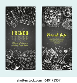 French food flyers design template. Vertical banners set. Vector illustration with bakery, cheese, beef bourguignon, foie gras, mussels. French Cuisine restaurant menu.