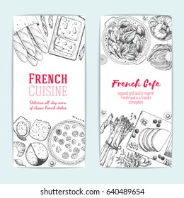 French food flyers design template. Vertical banners set. Vector illustration with bakery, cheese, beef bourguignon, foie gras, mussels. French Cuisine restaurant menu.