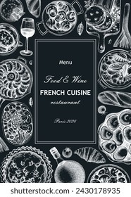 French food frame design on chalkboard. Vintage food and wine sketches. European restaurant menu template. France background. Hand-drawn vector illustration, NOT AI generated