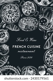 French food frame design on chalkboard. Vintage food and wine sketches. European restaurant menu template. France background. Hand-drawn vector illustration, NOT AI generated