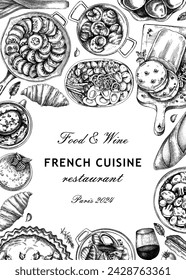 French food frame design. Vintage food and wine sketches. European restaurant menu template. France background. Hand-drawn vector illustration, NOT AI generated