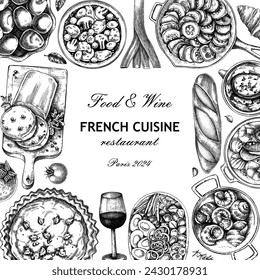 French food frame design. Vintage food and wine sketches. European restaurant menu template. France background. Hand-drawn vector illustration, NOT AI generated