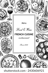 French food frame design. Vintage food and wine sketches. European restaurant menu template. France background. Hand-drawn vector illustration, NOT AI generated