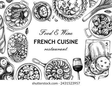 French food frame design. Vintage food and wine sketches. European restaurant menu template. France background. Hand-drawn vector illustration, NOT AI generated