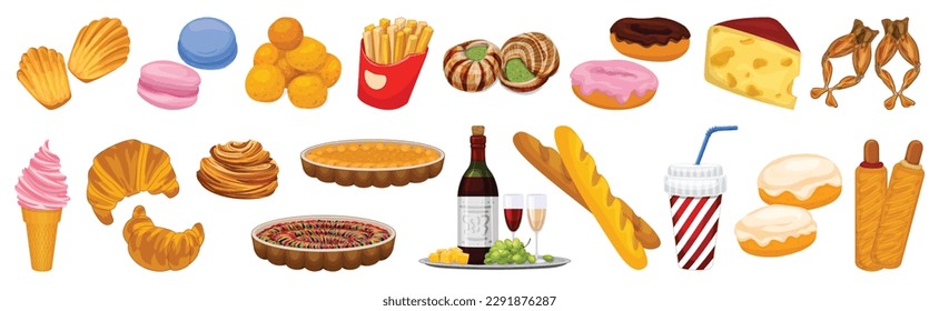 French food icons set cartoon vector. Cafe meal. Crepe restaurant