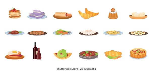 French food icons set cartoon vector. Cafe meal. Restaurant breakfast