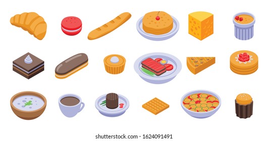 French food icons set. Isometric set of french food vector icons for web design isolated on white background