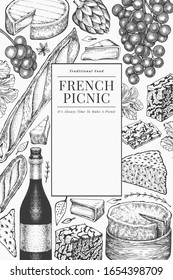 French food illustration design template. Hand drawn vector picnic meal illustrations. Engraved style different snack and wine banner. Vintage food background.