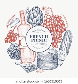 French food illustration design template. Hand drawn vector picnic meal illustrations. Engraved style different snack and wine banner. Vintage food background.