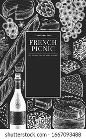 French food illustration design template. Hand drawn vector picnic meal illustrations on chalk board. Engraved style different snack and wine banner. Retro food background.