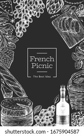 French food illustration design template. Hand drawn vector picnic meal illustrations on chalk board. Engraved style different snack and wine banner. Vintage food background.