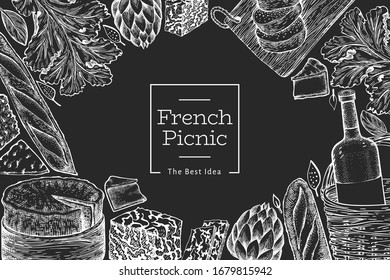 French food illustration design template. Hand drawn vector picnic meal illustrations on chalk board. Engraved style different snack and wine banner. Vintage food background.