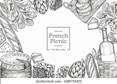 French food illustration design template. Hand drawn vector picnic meal illustrations. Engraved style different snack and wine banner. Retro food background.