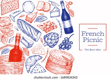 French food illustration design template. Hand drawn vector picnic meal illustrations. Engraved style different snack and wine banner. Retro food background.