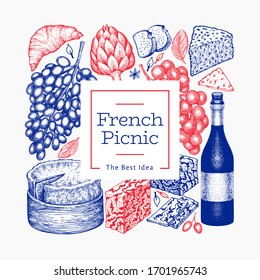 French food illustration design template. Hand drawn vector picnic meal illustrations. Engraved style different snack and wine banner. Retro food background.