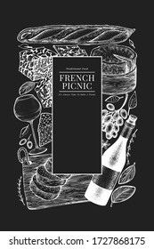 French food illustration design template. Hand drawn vector picnic meal illustrations on chalk board. Engraved style different snack and wine banner. Retro food background.