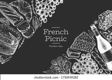 French food illustration design template. Hand drawn vector picnic meal illustrations on chalk board. Engraved style different snack and wine banner. Retro food background.