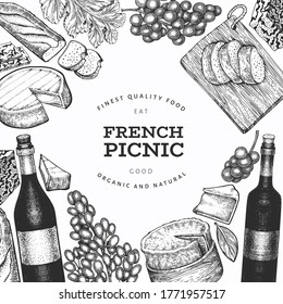 French food illustration design template. Hand drawn vector picnic meal illustrations. Engraved style different snack and wine banner. Vintage food background.