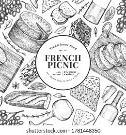 French food illustration design template. Hand drawn vector picnic meal illustrations. Engraved style different snack and wine banner. Vintage food background.