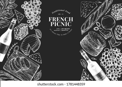 French food illustration design template. Hand drawn vector picnic meal illustrations on chalk board. Engraved style different snack and wine banner. Vintage food background.