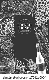 French food illustration design template. Hand drawn vector picnic meal illustrations on chalk board. Engraved style different snack and wine banner. Vintage food background.