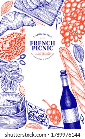 French Food Illustration Design Template. Hand Drawn Vector Picnic Meal Illustrations. Engraved Style Different Snack And Wine Banner. Vintage Food Background.