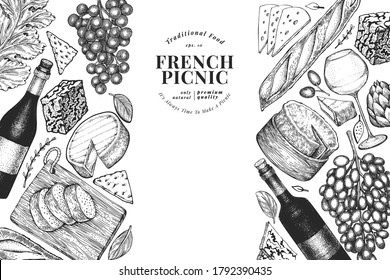 French food illustration design template. Hand drawn vector picnic meal illustrations. Engraved style different snack and wine banner. Vintage food background.