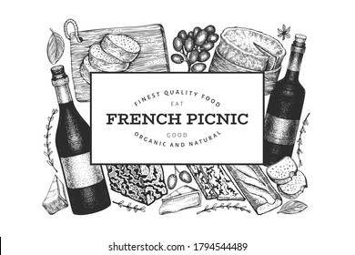 French food illustration design template. Hand drawn vector picnic meal illustrations. Engraved style different snack and wine banner. Vintage food background.