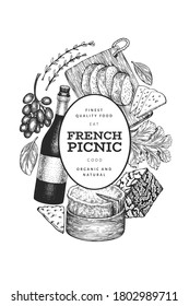 French food illustration design template. Hand drawn vector picnic meal illustrations. Engraved style different snack and wine banner. Vintage food background.