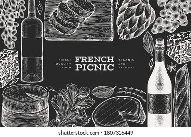French food illustration design template. Hand drawn vector picnic meal illustrations on chalk board. Engraved style different snack and wine banner. Vintage food background.