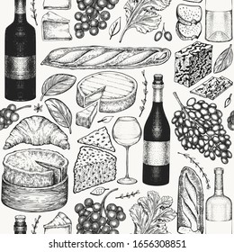 French food illustration seamless pattern. Hand drawn vector picnic meal illustrations. Engraved style different snack and wine design. Retro food background.