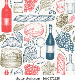 French food illustration seamless pattern. Hand drawn vector picnic meal illustrations. Engraved style different snack and wine design. Retro food background.