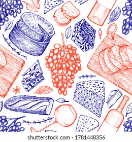 French food illustration seamless pattern. Hand drawn vector picnic meal illustrations. Engraved style different snack and wine design. Vintage food background.