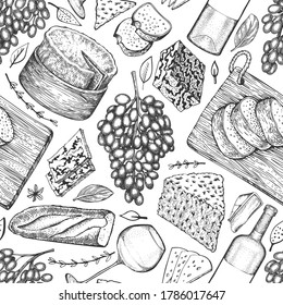 Patrón ininterrumpido de la ilustración alimentaria francesa. Ilustraciones de harina picnica de vectores dibujados a mano. Diseño de aperitivos y vinos con grabado. Fondo de comida de época.