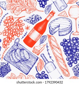Französische Essensgrafik nahtlos Muster. Illustrationen für handgezeichnete Picknickspeisen. Stilvoll gestufter Stil, verschiedene Snacks und Weine-Design. Vintage-Lebensmittelhintergrund.
