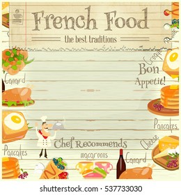 French Food Menu Card with Traditional Meal on White Wooden Background with Chef. Place for Text. Vector Illustration.