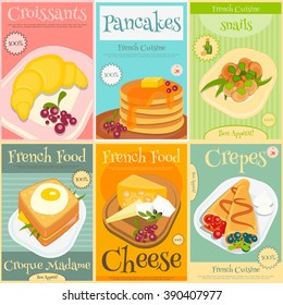 French Food Menu Mini Posters Set with Traditional Meal. Vector Illustration.