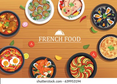 french food on a top view wooden table background