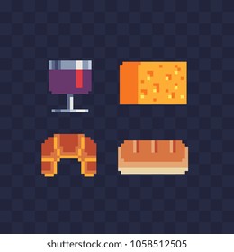 French food pixel art set wine glass baguette cheese and croissant isolated vector illustration. Design for logo bakery and shop, sticker, mobile app. Game assets 8-bit sprite. 