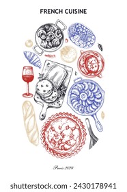 French food poster. Vintage food and wine sketches. European restaurant menu design. France background. Hand-drawn vector illustration, NOT AI generated