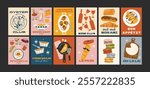 French food posters for the kitchen. Culinary compositions in cartoon trendy style, traditional french cuisine. Decor for kitchens, cafes and restaurants. Minimalist banners for wall decor, wallpaper.