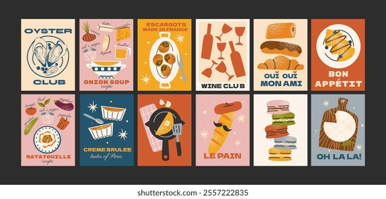 French food posters for the kitchen. Culinary compositions in cartoon trendy style, traditional french cuisine. Decor for kitchens, cafes and restaurants. Minimalist banners for wall decor, wallpaper.