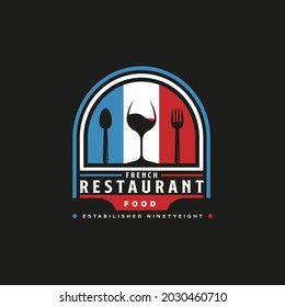 French Food Restaurant Logo. French flag symbol with Spoon, Fork, and Wine Glass icons