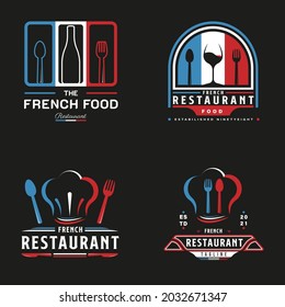 French Food Restaurant Logo. French Flag Symbol With Spoon, Fork, And Wine Bottle Icons