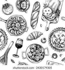 French food seamless pattern. Vintage food and wine sketches. European restaurant menu design. France background. Hand-drawn vector illustration, NOT AI generated