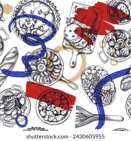 French food seamless pattern. Vintage food and wine sketches. European restaurant menu design. Collage-style France background. Hand-drawn vector illustration, NOT AI generated