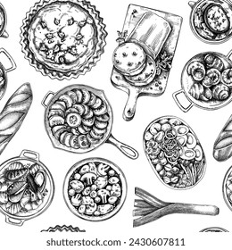 French food seamless pattern. Vintage food and wine sketches. European restaurant menu design. France background. Hand-drawn vector illustration, NOT AI generated