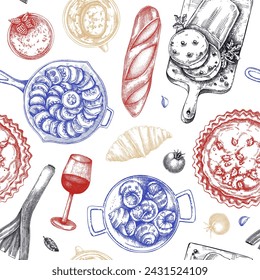 French food seamless pattern. Vintage food and wine sketches in color. European restaurant menu design. France background. Hand-drawn vector illustration, NOT AI generated