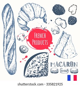 French food in the sketch style. European traditional products. Vector illustration of ethnic cooking: croissants, brie cheese, baguette, truffles. Main course, snacks and dessert.