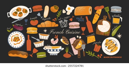 French food stickers. Fresh products and ingredients in cartoon trendy style, traditional french cuisine. Shapes for kitchens, cafes and restaurants. Doodle elements: Onion soup, ratatouille, oysters